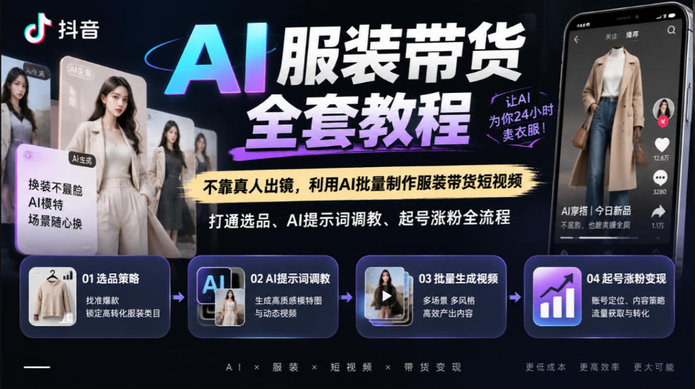 抖音AI服装带货全套教程，不靠真人出镜，利用AI批量制作服装带货短视频，打通选品、AI提示词调教、起号涨粉全流程-智享云联