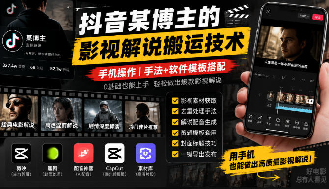 抖音某博主的影视解说搬运技术，手机操作，手法+软件模板搭配-智享云联