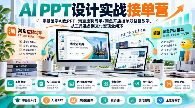 AI PPT设计实战接单营|零基础学AI做PPT,淘宝应聘写手/闲鱼开店接单双路径教学,从工具准备到交付变现全闭环-智享云联