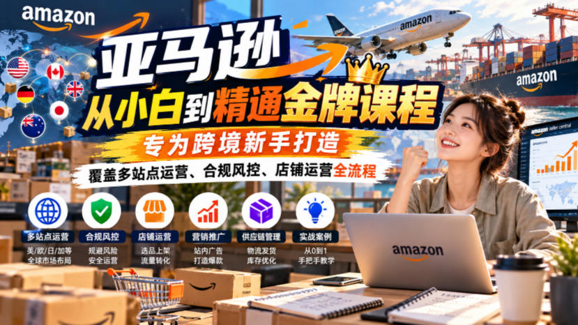 亚马逊从小白到精通金牌课程,专为跨境新手打造,覆盖多站点运营、合规风控、店铺运营全流程-智享云联