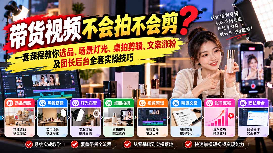 带货视频不会拍不会剪?一套课程教你选品、场景灯光、桌拍剪辑、文案涨粉及团长后台全套实操技巧 复制标题-智享云联