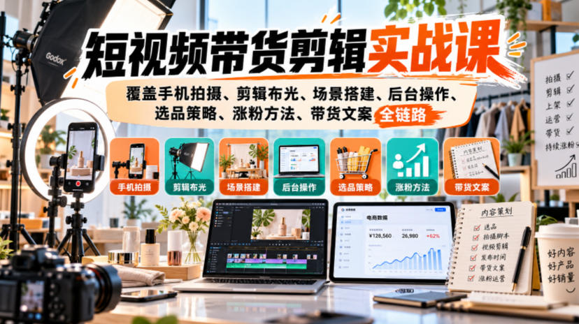 短视频带货剪辑实战课,覆盖手机拍摄、剪辑布光、场景搭建、后台操作、选品策略、涨粉方法、带货文案全链路-智享云联