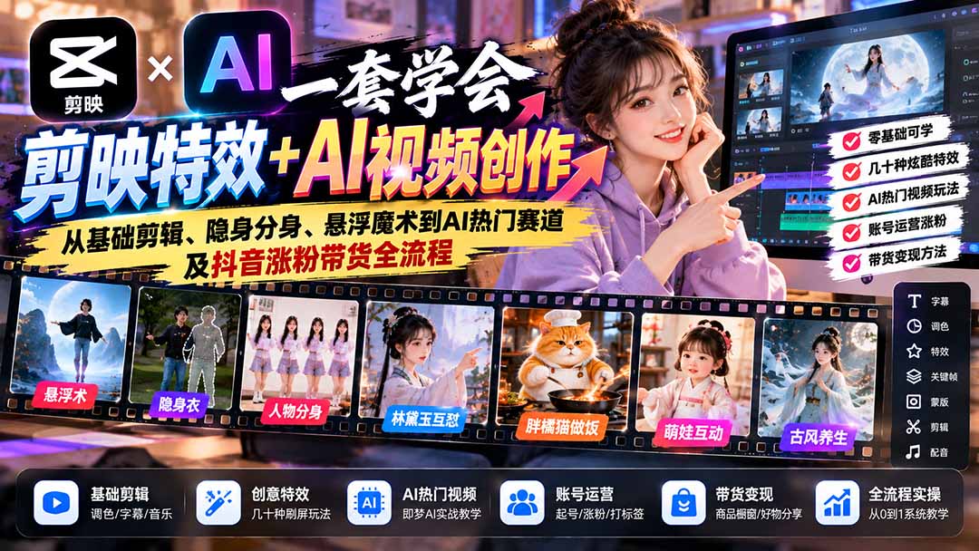 一套学会剪映特效+AI视频创作：从基础剪辑、隐身分身、悬浮魔术到AI热门赛道及抖音涨粉带货全流程-智享云联