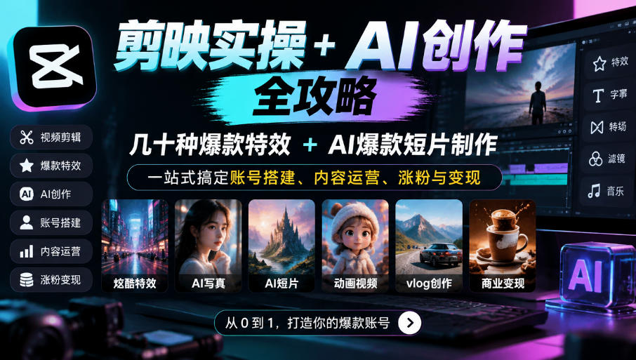 剪映实操+AI创作全攻略｜几十种爆款特效+AI爆款短片制作，一站式搞定账号搭建、内容运营、涨粉与变现-智享云联