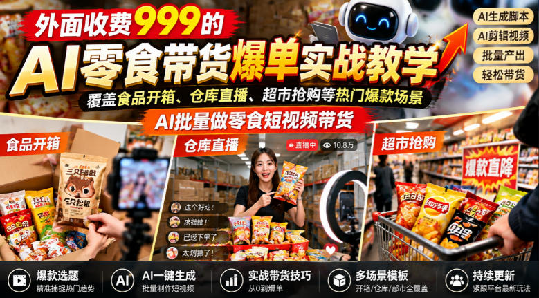 外面收费999的AI零食带货爆单实战教学，覆盖食品开箱、仓库直播、超市抢购等热门爆款场景，AI批量做零食短视频带货-智享云联