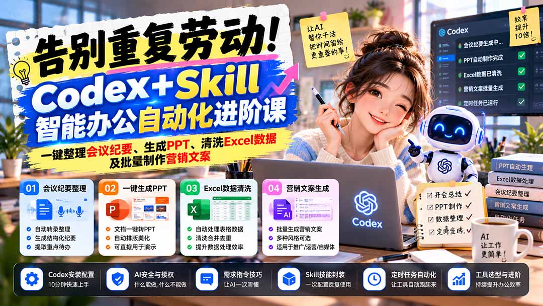 告别重复劳动!Codex+Skill智能办公自动化进阶课:一键整理会议纪要、生成PPT、清洗Excel数据及批量制作营销文案-智享云联