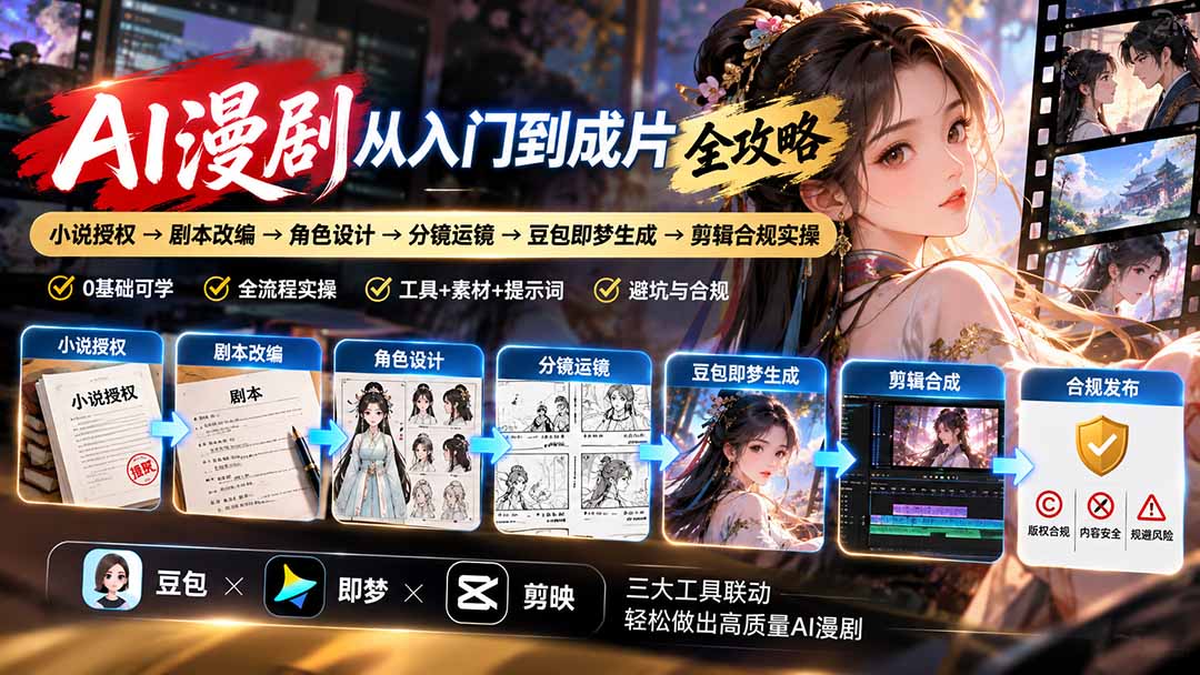 AI漫剧从入门到成片全攻略-更新1017:小说授权→剧本改编→角色设计→分镜运镜→豆包即梦生成→剪辑合规实操-智享云联