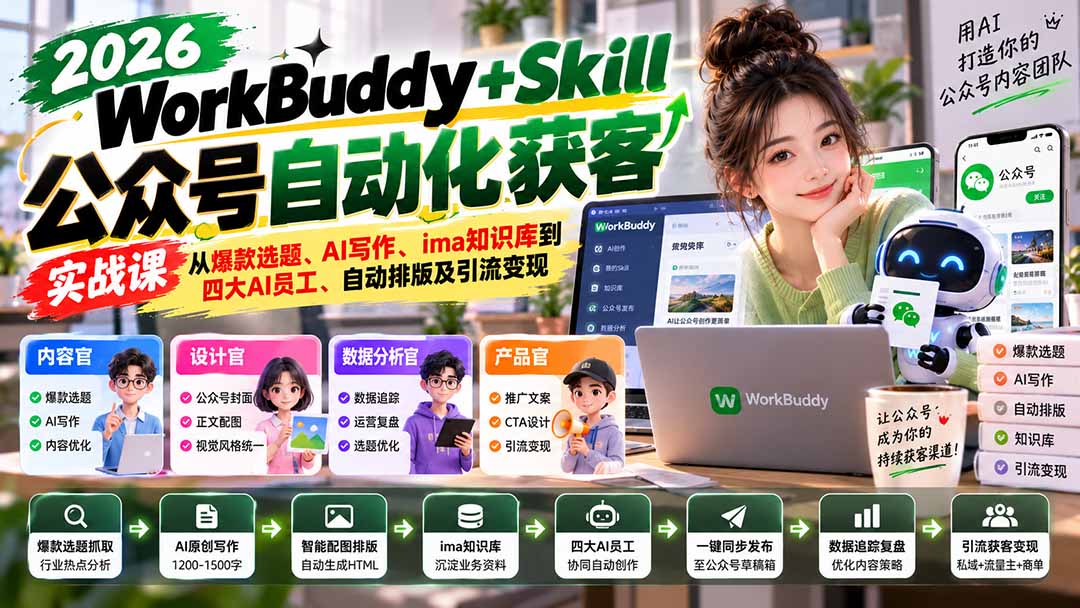 WorkBuddy + Skill公众号自动化获客实战课:从爆款选题、AI写作、ima知识库到四大AI员工、自动排版及引流变现-智享云联