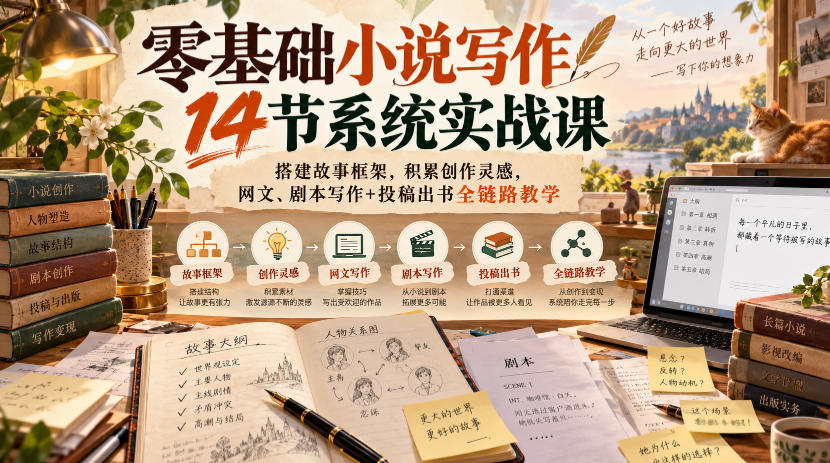 零基础小说写作14节系统实战课,搭建故事框架,积累创作灵感,网文、剧本写作+投稿出书全链路教学-智享云联