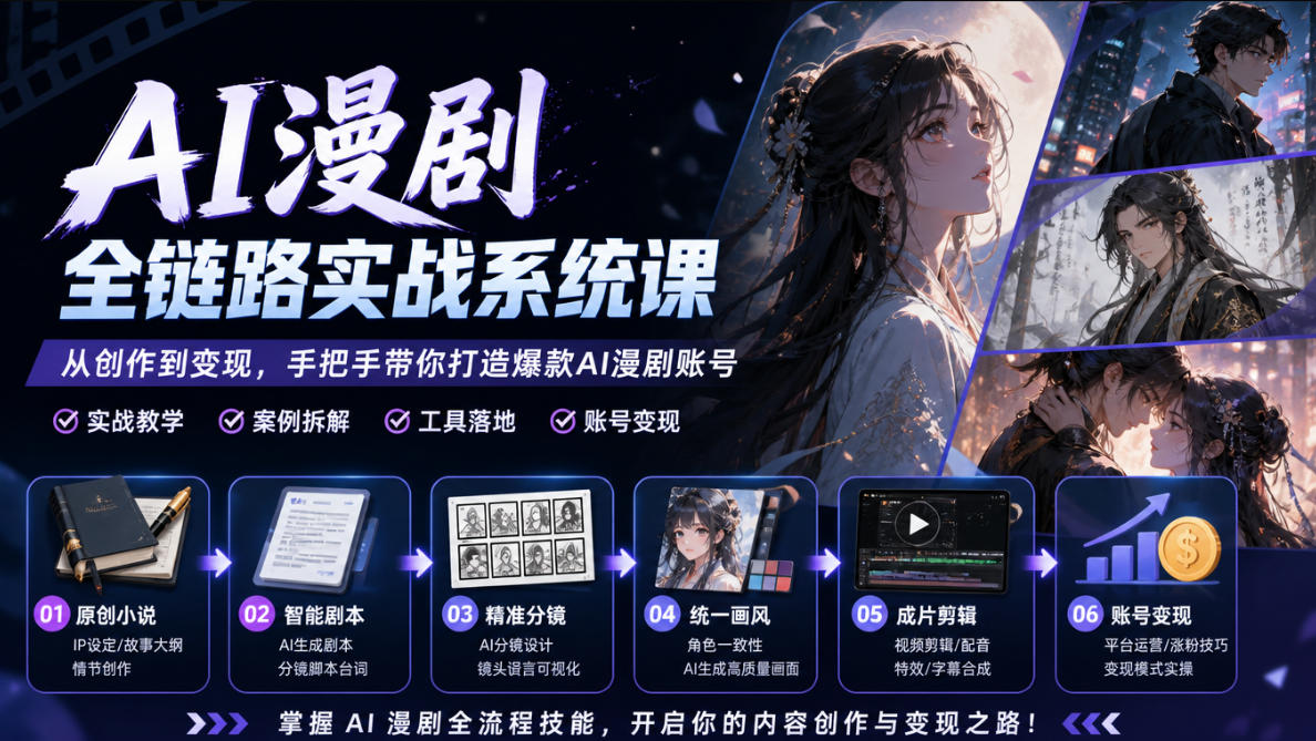 AI漫剧全链路实战系统课|原创小说、智能剧本、精准分镜、统一画风、成片剪辑、账号变现实操教学(更新1018)-智享云联