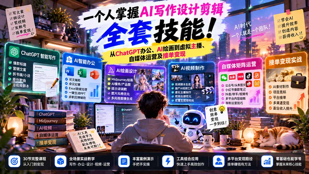 一个人掌握AI写作设计剪辑全套技能:从ChatGPT办公、AI绘画到虚拟主播、自媒体运营及接单变现-智享云联