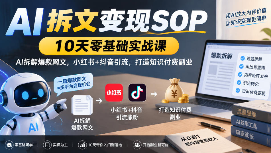 AI拆文变现SOP|10天零基础实战课,AI拆解爆款网文,小红书+抖音引流,打造知识付费副业-智享云联