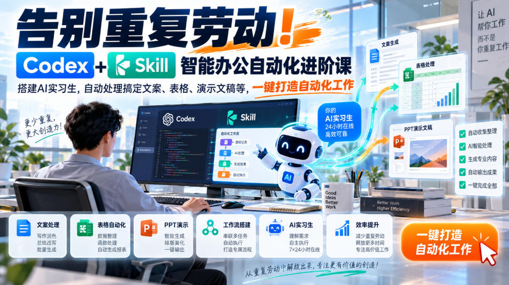 告别重复劳动!Codex+Skill智能办公自动化进阶课|搭建AI实习生,自动处理搞定文案、表格、演示文稿等,一键打造自动化工作-智享云联