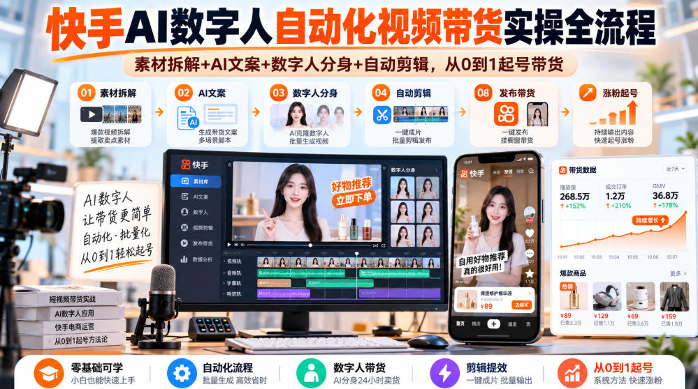 快手AI数字人自动化视频带货实操全流程|素材拆解+AI文案+数字人分身+自动剪辑,从0到1起号带货(更新26年)-智享云联