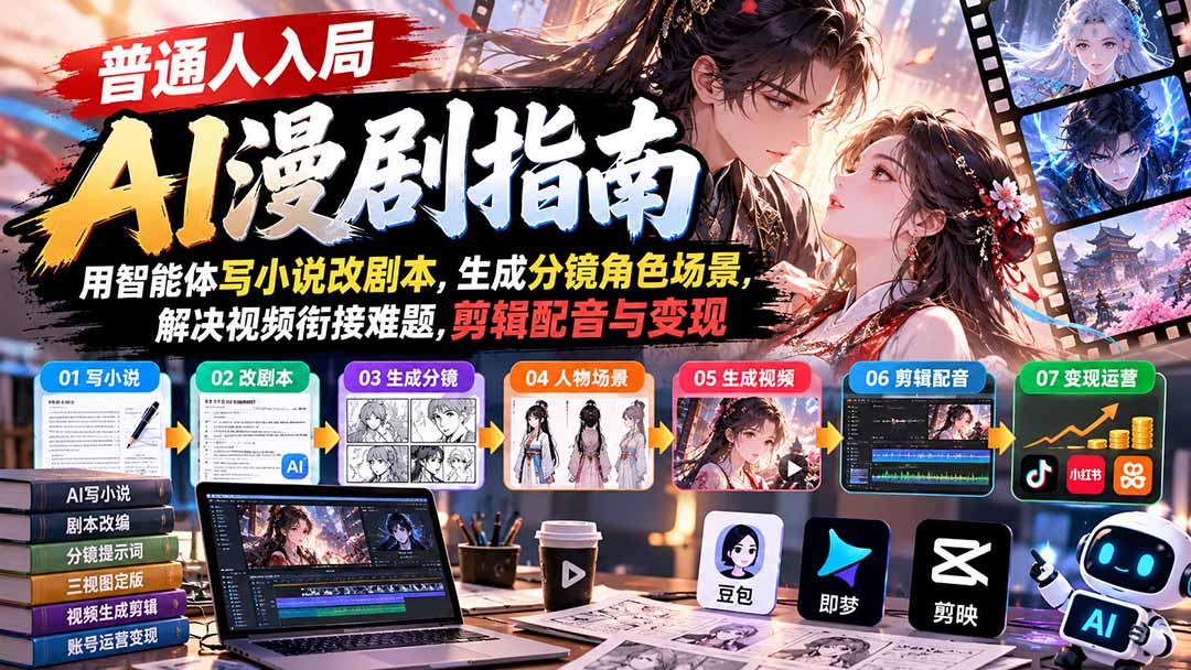 【无水印】普通人入局AI漫剧指南：用智能体写小说改剧本，生成分镜角色场景，解决视频衔接难题，剪辑配音与变现-智享云联