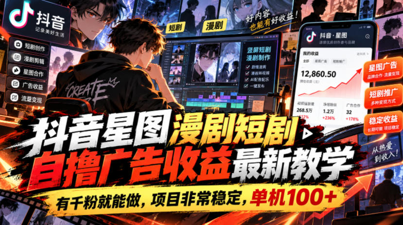 抖音星图漫剧短剧自撸广告收益最新教学，有千粉就能做，项目非常稳定，单机100+-智享云联