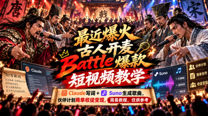最近爆火古人开麦Battle爆款短视频教学，Claude写词+Suno生成歌曲，伙伴计划商单收徒变现，简易教程，仅供参考-智享云联