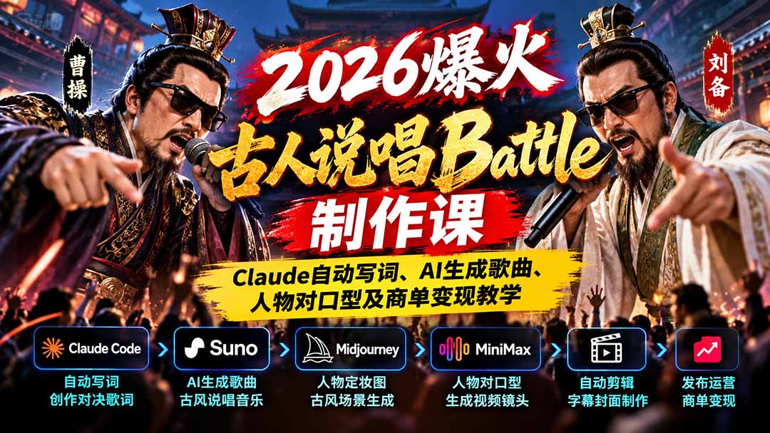 2026爆火古人说唱Battle制作课：Claude自动写词、AI生成歌曲、人物对口型及商单变现教学-智享云联