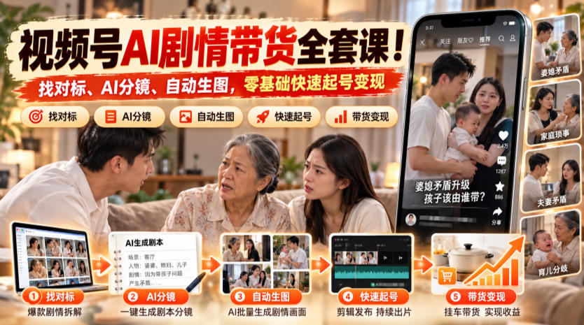 视频号AI剧情带货全套课！找对标、AI分镜、自动生图，零基础快速起号变现-智享云联