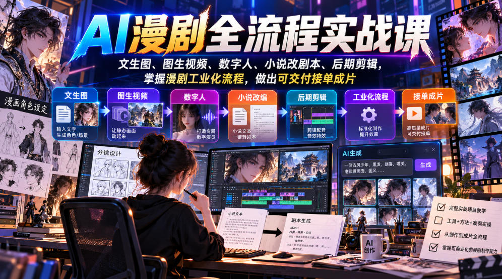 AI漫剧全流程实战课,文生图、图生视频、数字人、小说改剧本、后期剪辑,掌握漫剧工业化流程,做出可交付接单成片-智享云联