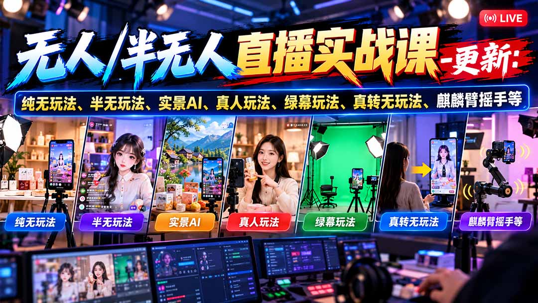 无人/半无人直播实战课-10月20更新:纯无玩法、半无玩法、实景AI、真人玩法、绿幕玩法、真转无玩法、麒麟臂摇手等-智享云联