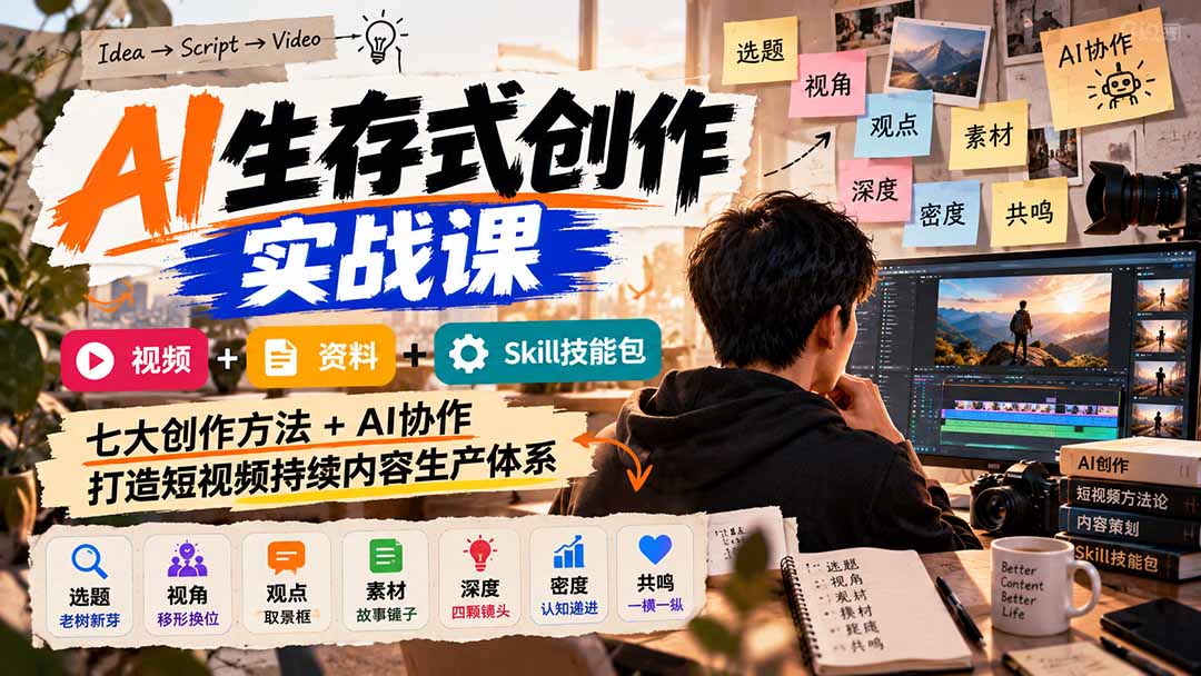 AI生存式创作实战课：视频+资料+Skill技能包，七大创作方法+AI协作，打造短视频持续内容生产体系-智享云联