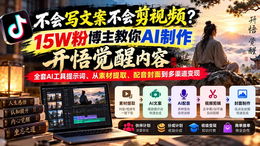 不会写文案不会剪视频？15W粉博主教你AI制作开悟觉醒内容，全套AI工具提示词、从素材提取、配音封面到多渠道变现-智享云联