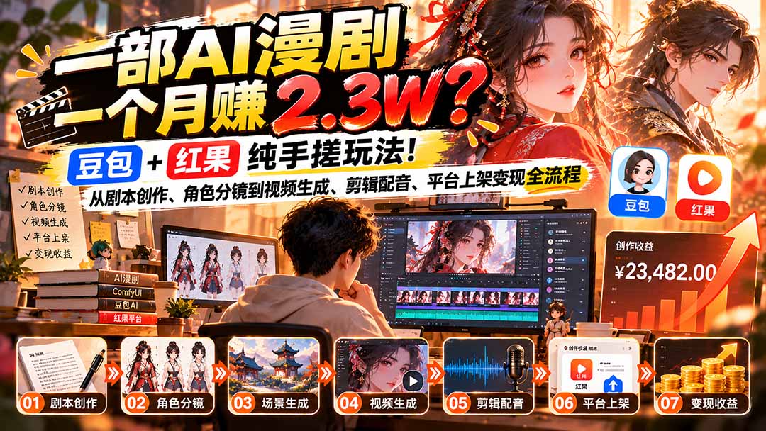 一部AI漫剧一个月赚2.3W?豆包+红果纯手搓玩法!从剧本创作、角色分镜到视频生成、剪辑配音、平台上架变现全流程-智享云联