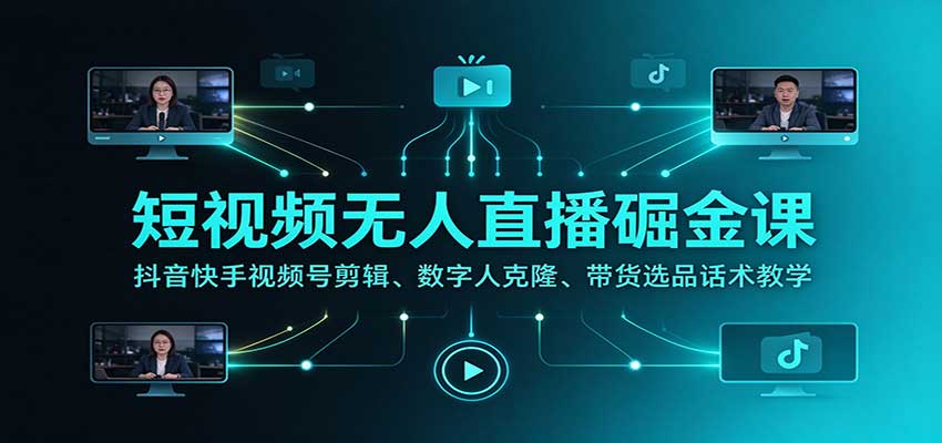 短视频无人直播掘金课：抖音快手视频号剪辑、数字人克隆、带货选品话术教学-智享云联