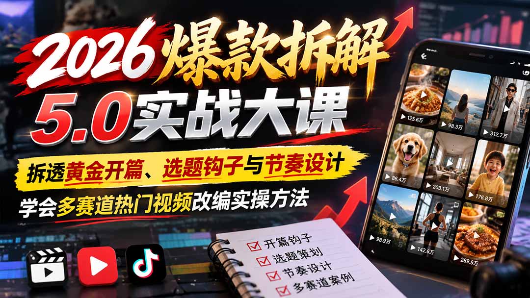 2026爆款拆解5.0实战大课：拆透黄金开篇、选题钩子与节奏设计，学会多赛道热门视频改编实操方法-智享云联