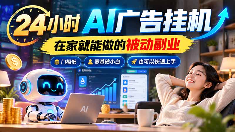 24小时AI广告挂机｜在家就能做的被动副业，门槛低，零基础小白也可以快速上手-智享云联