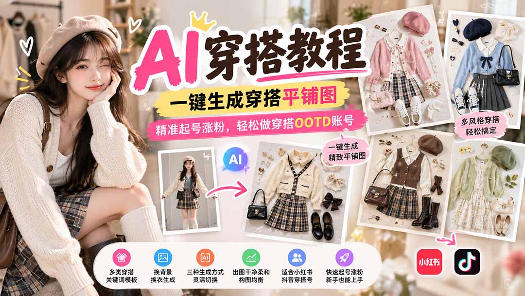 【无水印】AI穿搭教程｜一键生成穿搭平铺图，精准起号涨粉，轻松做穿搭OOTD账号-智享云联
