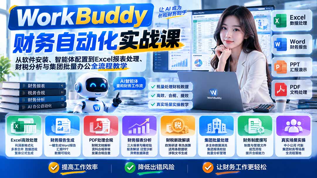 WorkBuddy财务自动化实战课：从软件安装、智能体配置到Excel报表处理、财税分析与集团批量办公全流程教学-智享云联
