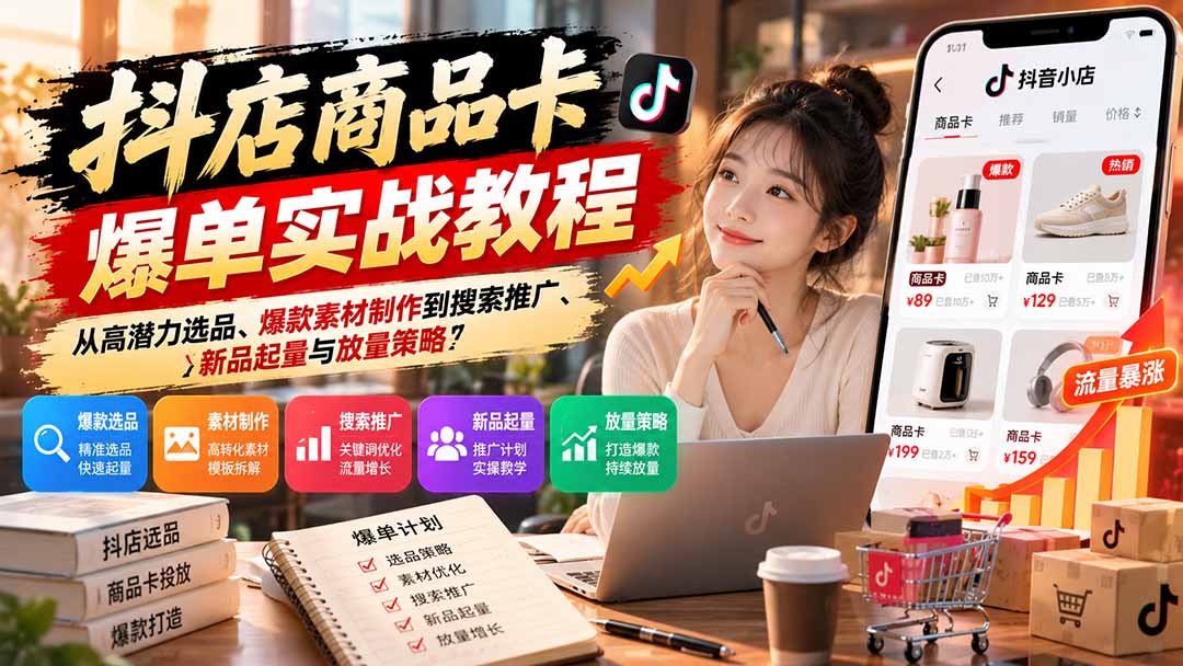 抖店商品卡爆单实战教程:从高潜力选品、爆款素材制作到搜索推广、新品起量与放量策略-智享云联