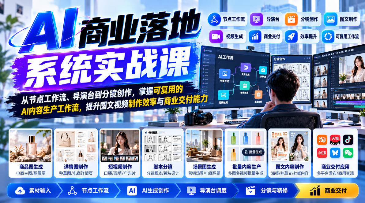【无水印】AI商业落地系统实战课，从节点工作流、导演台到分镜创作，掌握可复用的AI内容生产工作流，提升图文视频制作效率与商业交付能力-智享云联