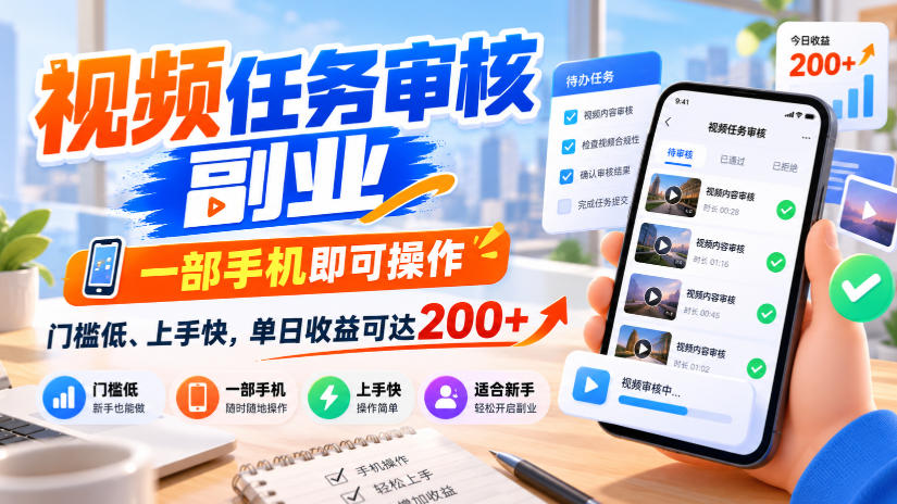视频任务审核副业，一部手机即可操作，门槛低、上手快，单日收益可达200+【揭秘】-智享云联