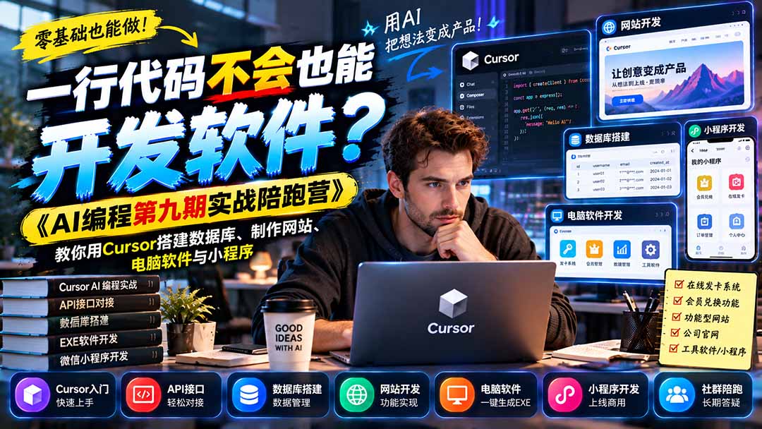 一行代码不会也能开发软件?《AI编程第九期实战陪跑营》教你用Cursor搭建数据库、制作网站、电脑软件与小程序-智享云联