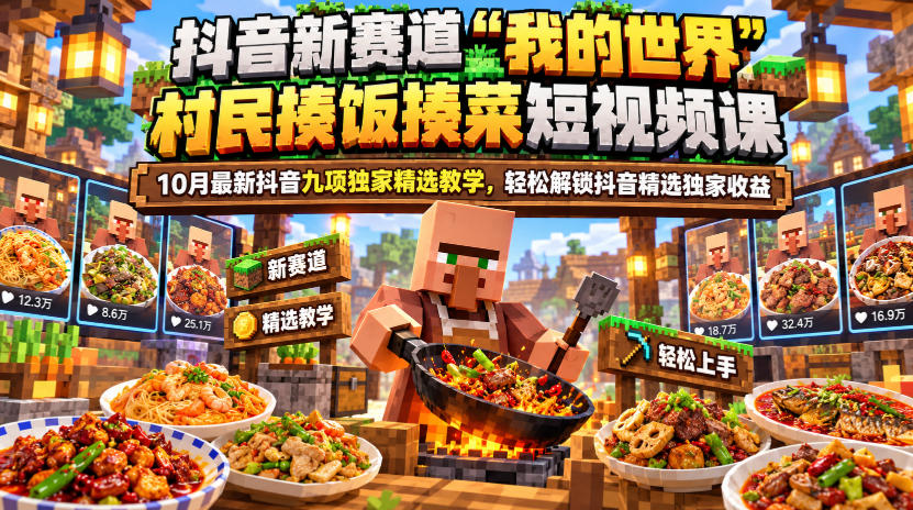 抖音新赛道“我的世界”村民揍饭揍菜短视频课,10月最新抖音九项独家精选教学,轻松解锁抖音精选独家收益