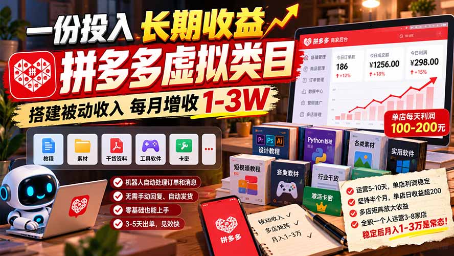 一份投入长期收益，拼多多虚拟类目，搭建被动收入每月增收 1-3W-智享云联