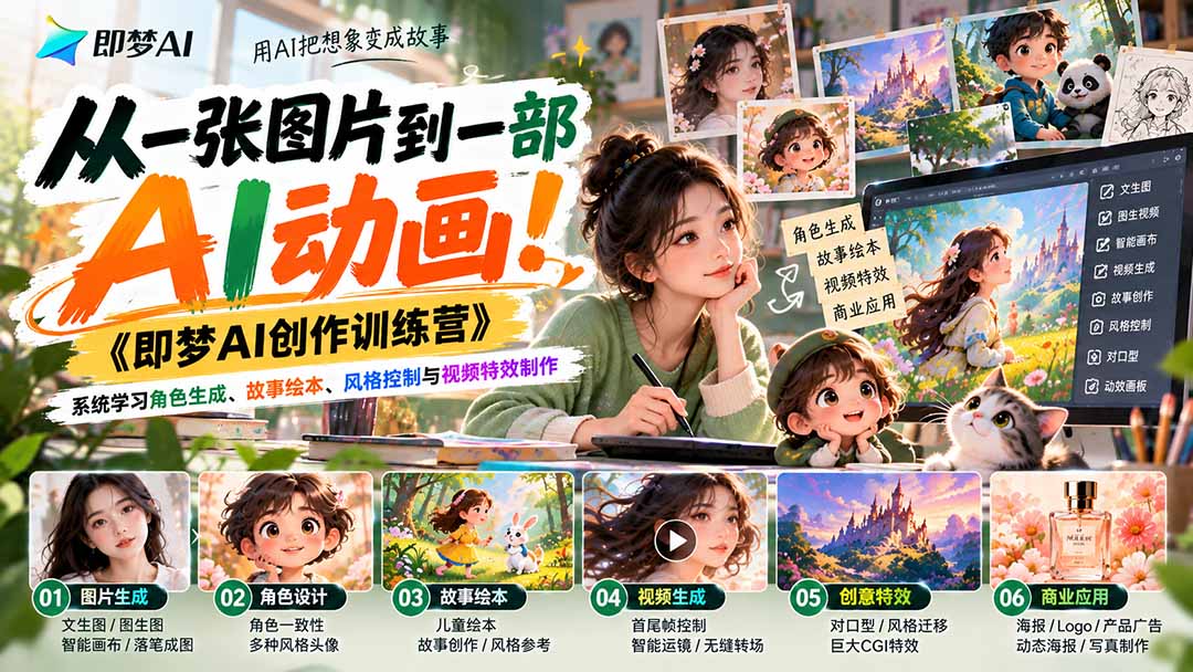 【无水印】从一张图片到一部AI动画!《即梦AI创作训练营》系统学习角色生成、故事绘本、风格控制与视频特效制作-智享云联