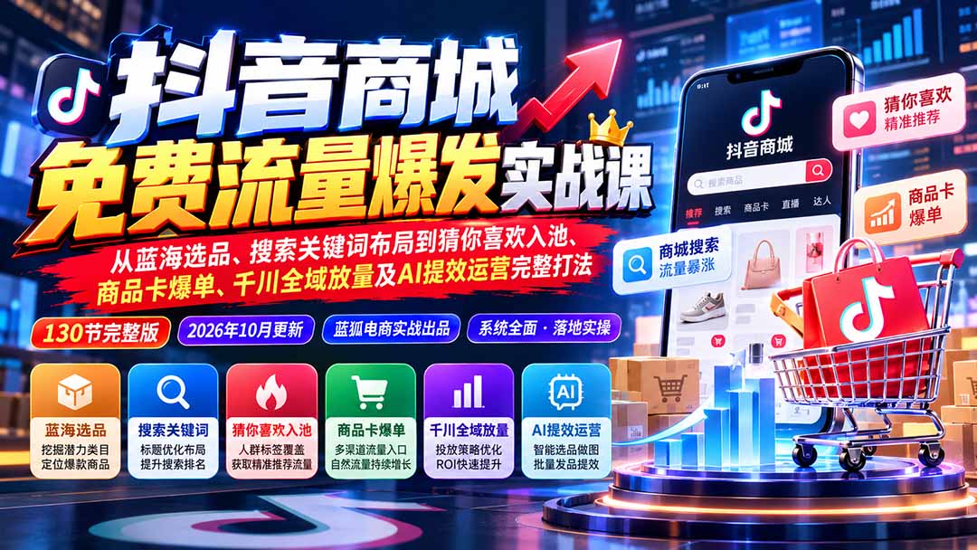 抖店城免费流量爆发实战-更新:蓝海选品、搜索关键词布局到猜你喜欢入池、商品卡爆单、千川全域放量及AI提效完整打法-智享云联