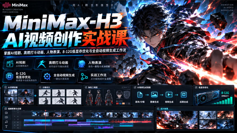 MiniMax-H3 AI视频创作实战课，掌握AI短剧、高燃打斗动画、人物表演、8-12G低显存优化与全自动视频生成工作流-智享云联