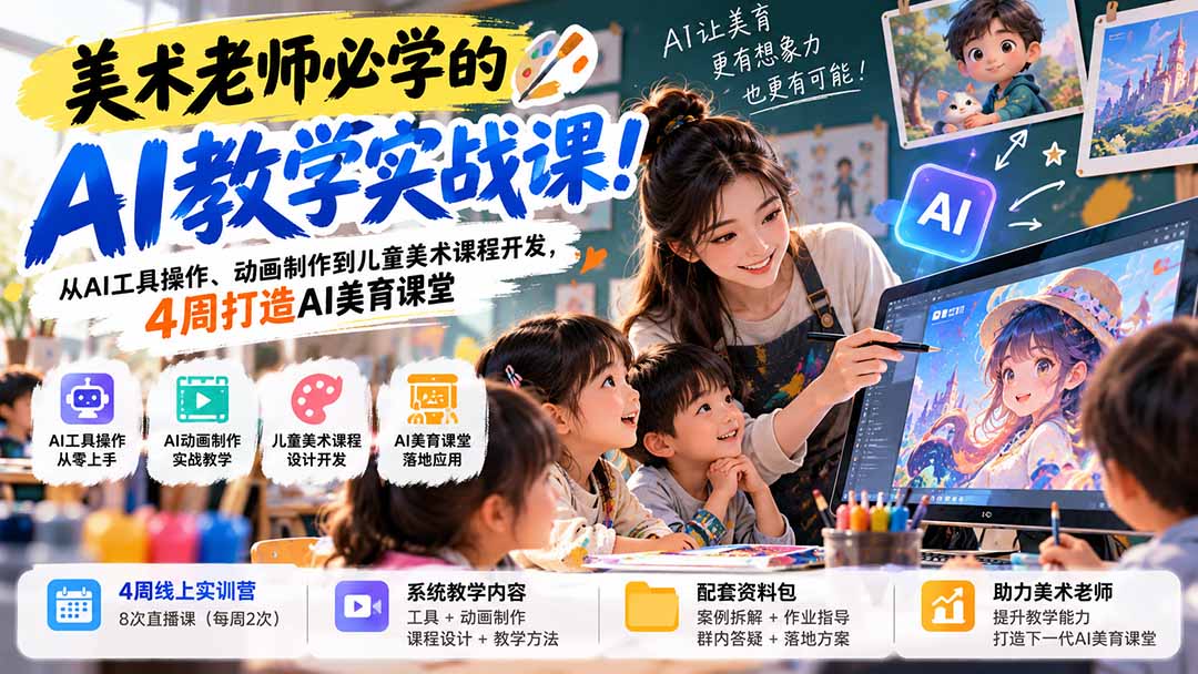 美术老师必学的AI教学实战课！从AI工具操作、动画制作到儿童美术课程开发，4周打造AI美育课堂-智享云联