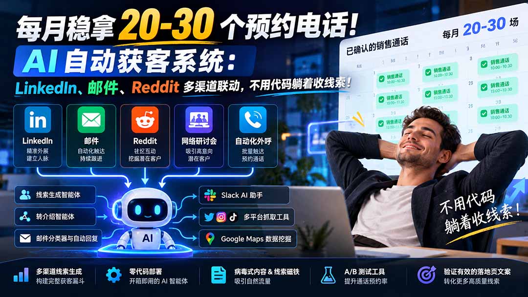 每月稳拿 20-30 个预约电话！AI 自动获客系统：LinkedIn、邮件、Reddit 多渠道联动，不用代码躺着收线索！-智享云联