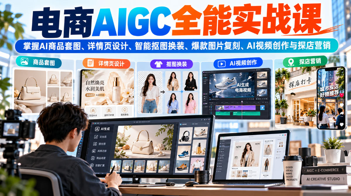 电商AIGC全能实战课:掌握AI商品套图、详情页设计、智能抠图换装、爆款图片复刻、AI视频创作与探店营销