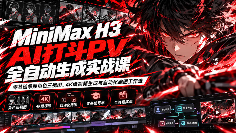 MiniMax H3 AI打斗PV全自动生成实战课：零基础掌握角色三视图、4K级视频生成与自动化跑图工作流-智享云联