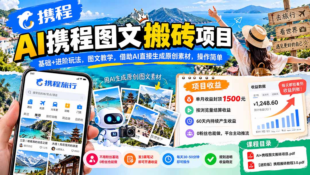 AI携程图文搬砖项目,基础+进阶玩法,图文教学,借助AI直接生成原创素材,操作简单-智享云联