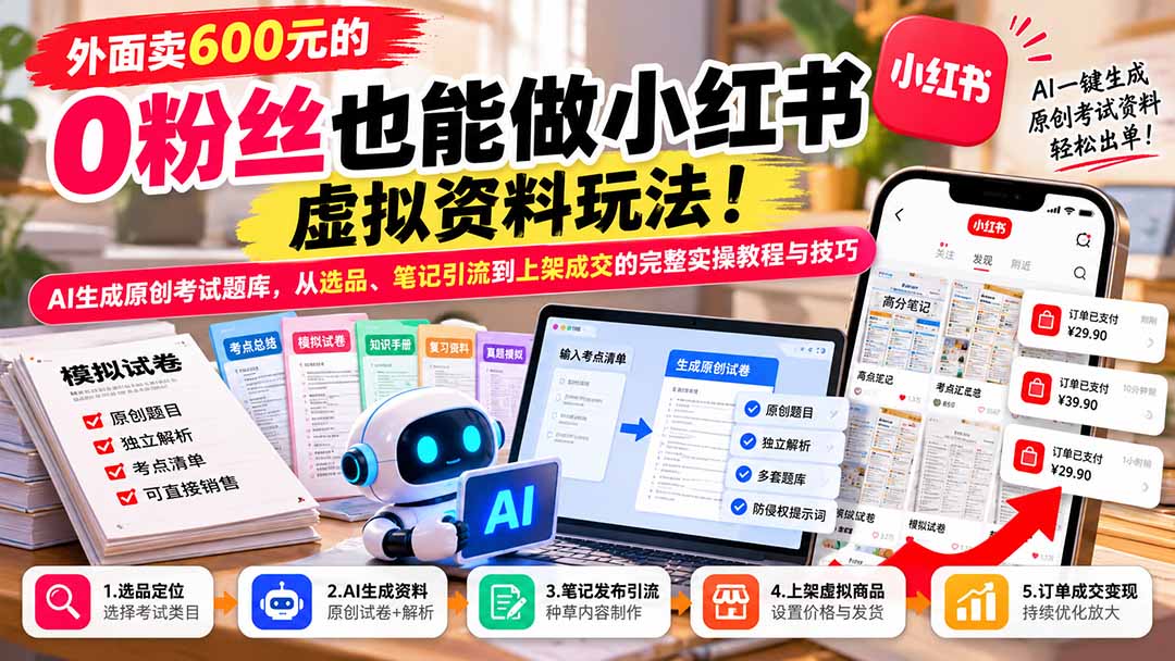 外面卖600元的 零粉丝也能做小红书虚拟资料玩法!AI生成原创考试题库,从选品、笔记引流到上架成交的完整实操教程-智享云联