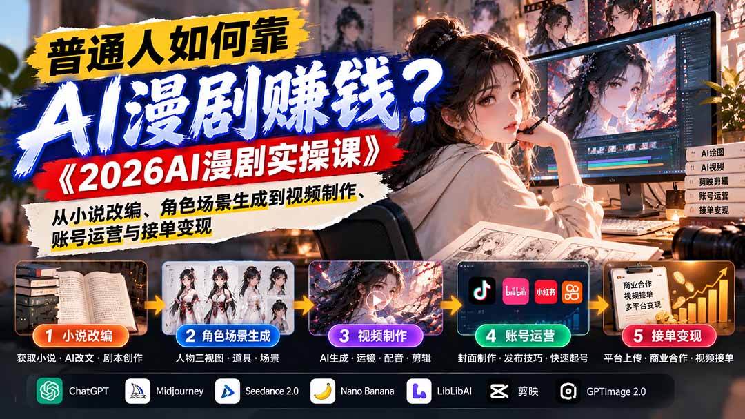 普通人如何靠AI漫剧赚钱?《2026AI漫剧实操课》从小说改编、角色场景生成到视频制作、账号运营与接单变现-智享云联