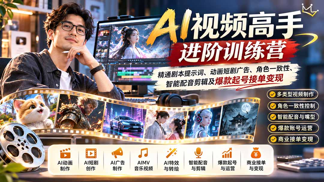 AI视频高手进阶训练营:精通剧本提示词、动画短剧广告、角色一致性、智能配音剪辑及爆款起号接单变现-智享云联